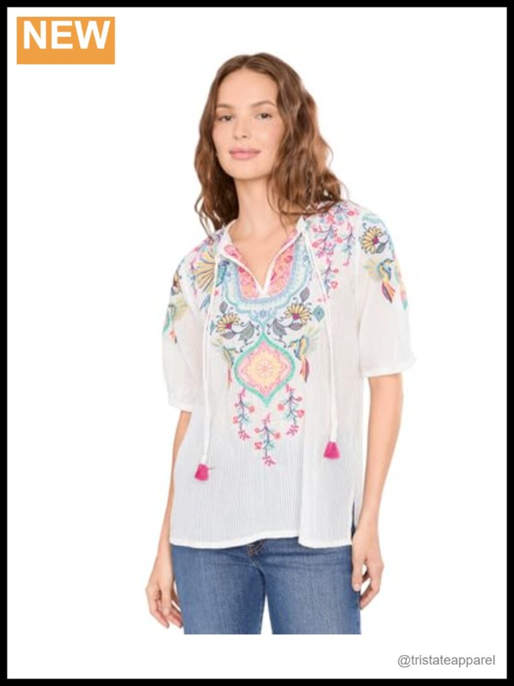Bohemian Blouse with Intricate Embroidery and Tassel Details - Cotton Silk
